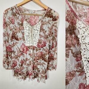 Denim & Supply Ralph Lauren Womens Blouse M Sheer Lace Floral Boho Cottage Y2K